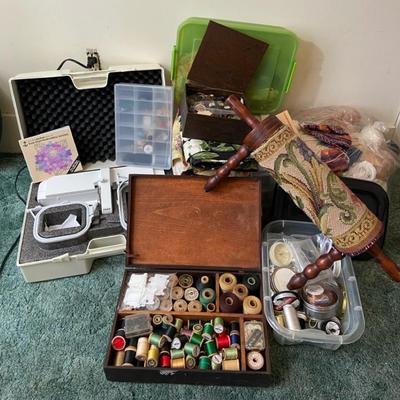 Pfaff Creative Embroidery Arm Unit, Vintage Buttons & Thread, Needlework Rolling Pin Footstool 