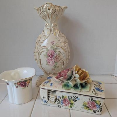 Signed Italian Lidded Box With Spoon Rests, Porcelain Vase, & Cottage Rose Bone China Vase