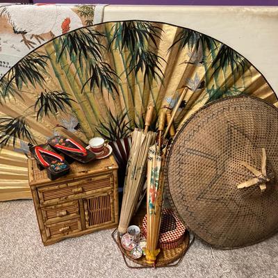 Vintage Rice Paper Umbrellas, Woven Sun Hat, Flower Geta, Bamboo Cabinet, Crane Fan