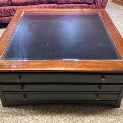 38" Square Green Glass Coffee Table With Display Drawer