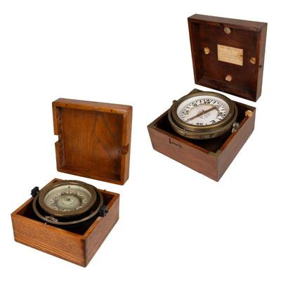 Two Frank Morrison and Son and David Baker nautical compasses with original fitted wood boxes