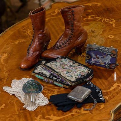 two beautiful vintage tapestry evening handbags with real Amethyst and Jade handles, a sterling silver Victorian coin holder