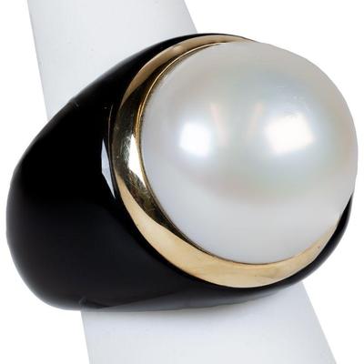 14k black jade & pearl ring