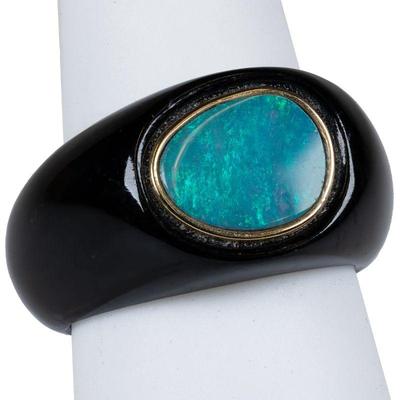 14k black jade & opal ring