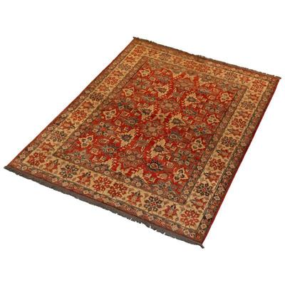 Kazak rug features a central field of stylized geometric flower heads on a red ground within green and sand banding (9 ft. x 11 ft. 6in.)