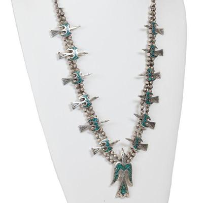 Zuni Thunderbird inlay turquoise squash blossom necklace