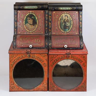 antique tin biscuit, coffee, spice and other advertising boxes