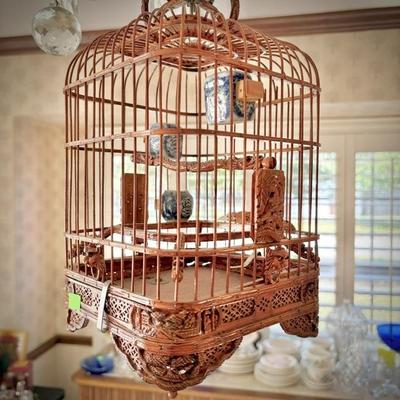 Antique Chinese bird cage with three porcelain blue & white cups