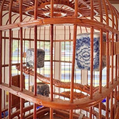 Antique Chinese bird cage with three porcelain blue & white cups