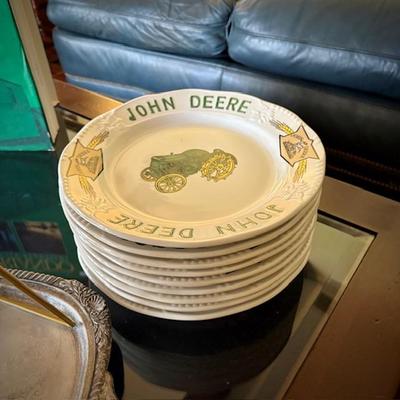 Vintage John Deere plates, glasses, napkin dispenser 