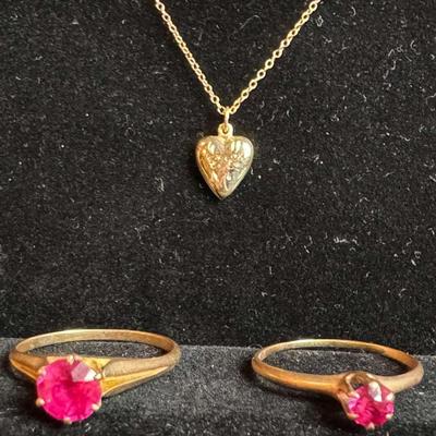 Two 10K Red Gemstone Solitaire Rings And 10K Necklace With 10K Heart Pendant