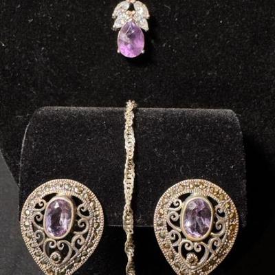 Sterling Silver Purple Gemstone Pendant Necklace And Earrings With Sterling Silver Chain Bracelet