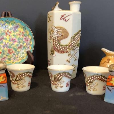 Seven Piece Porcelain Moriage Dragonware Sake Set And Other Asian Pieces