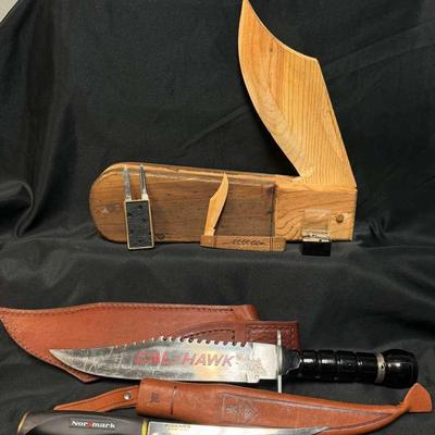 Normark Fiskars Blade With Sheath, Cal-Hawk Blade With Sheath And Wooden Knives 