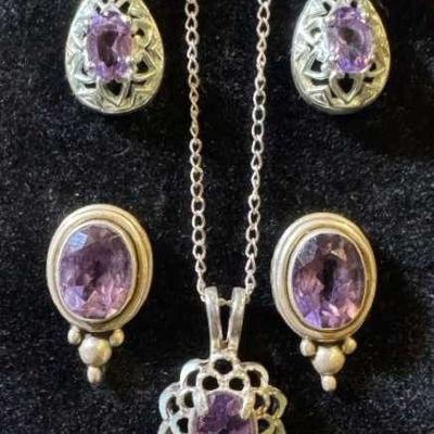 Sterling Silver Purple Gemstone Jewelry Featuring Pendant Necklace And Earrings