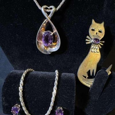 Sterling Silver And Purple Gemstone Statement Necklace, Cat Pin, Solitaire Earrings, &  Bracelet 