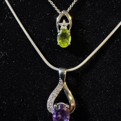 Diamond Accented Pendant Necklaces Featuring 14K Green Gemstone & 10K Purple Gemstone On Sterling 