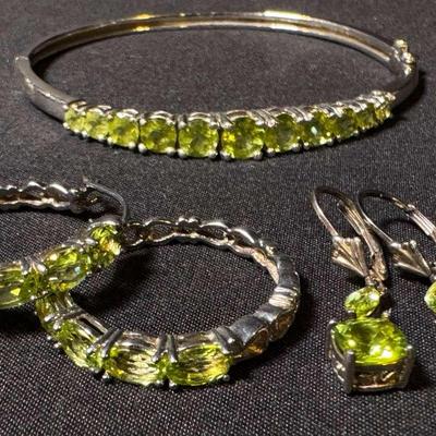 Sterling Silver Green Gemstone Bracelet & Two Pairs Of Earrings