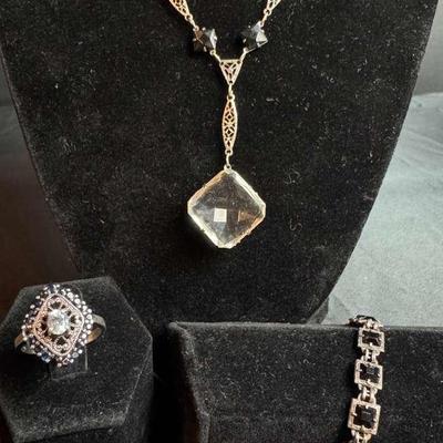 Sterling Silver Gemstone Bracelet And Gemstone Ring & Silver Tone And Gemstone Drop Necklace 
