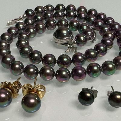 Sterling Silver Black Pearl Necklace And Earrings Featuring Majorica 