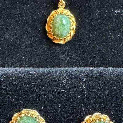 Matching Set With 14K Green Gemstone Pendant Necklace And Twist Back Earrings  