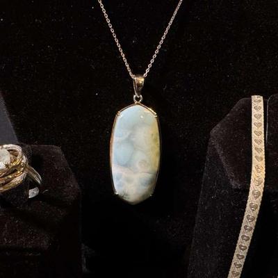 Natural Blue Stone Pendant Necklace In Sterling Silver With Sterling Bracelets And Gemstone Ring 