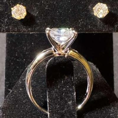 Sterling Silver Simulated Diamond Solitaire Ring And Gold Tone Solitaire Stud Earrings 