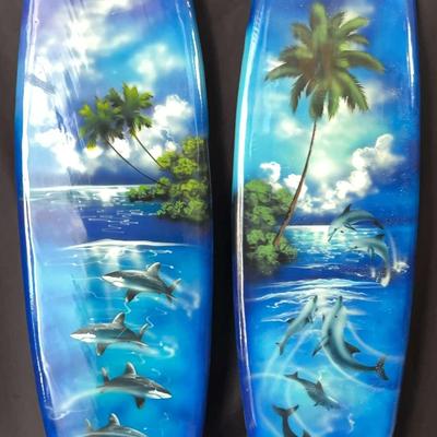Two Decorative Surfboards From Hawaii And A Glass Dolphin Statue