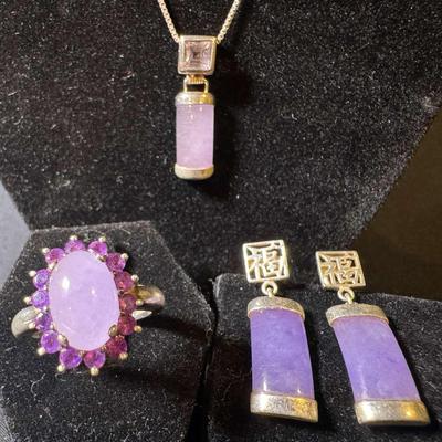 Sterling Silver Set Of Purple Natural Stone & Gemstone Jewelry 