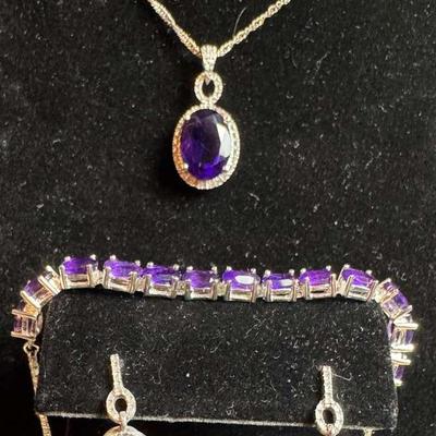 Sterling Silver Purple Gemstone Necklace, Earrings, And Tennis Bracelet