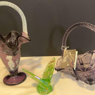 Three Fenton Pieces: Includes  Two Fenton Amethyst Baskets And Green Butterfly