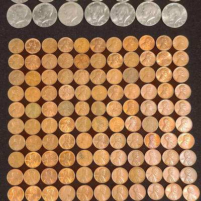 Half Dollar Coins & Pennies Including Wheat Pennies