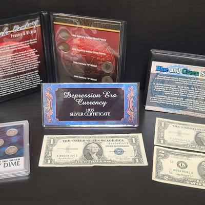 Turn Of The Century Pennies & Nickels, Dollar Silver Certificates & 1940s Silver Mercury Dimes