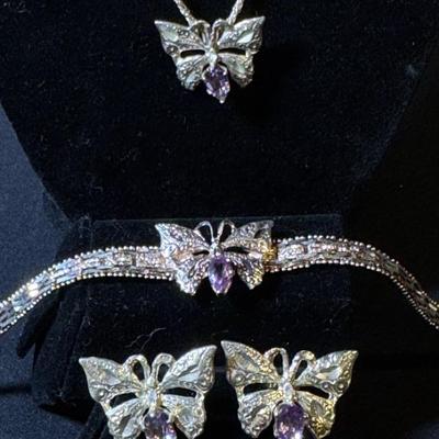 Matching Set Of Sterling Silver Purple Gemstone And Butterfly Jewelry 