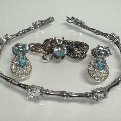 Light Blue Gemstone And Sterling Jewelry With Bracelet, Necklace, & Earrings