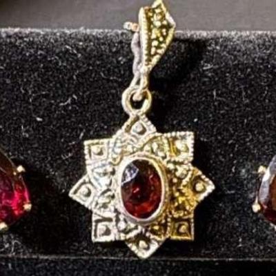 Sterling Silver Red Gemstone Pendant Necklace And Pear Shaped Solitaire Earrings