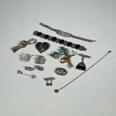 (12pc) STERLING SILVER JEWELRY | Including: Heart shaped brooch/pin marked "Mex 925" (0.6 ozt); bow shaped brooch/pin marked...