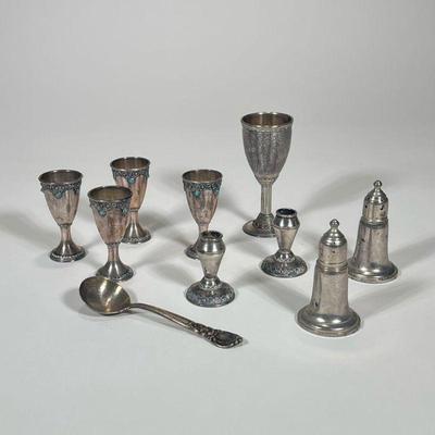 (10pc) STERLING SILVER ITEMS | Including: Engraved sterling silver Kiddush cup marked "925" (1.6 ozt.); 4 sterling silver cups...