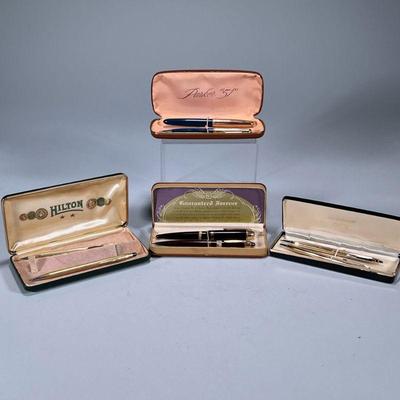 (8pc) FANCY PEBNS & PENCILS | Including: Parker “51” Fountain Pen & Lead Pencil, both marked “1/10 12K Gold Filled” Cross...