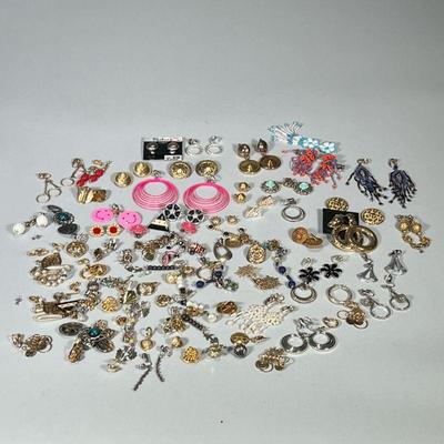LARGE LOT COSTUME EARRINGS | Large lot of mostly clip-on costume jewelry earrings including; Gold & silver toned, pearls, diamond...