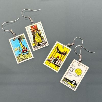 TAROT CARD EARRINGS | Two pairs of miniature tarot card earrings, laminated finish on silver-toned wire hooks. - h. 1 in (ea. card)