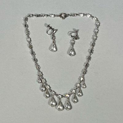 (3pc) STERLING & DIAMOND SIMULANT JEWELRY SET | Sterling silver necklace with pear-shaped diamond simulants and matching pair of...