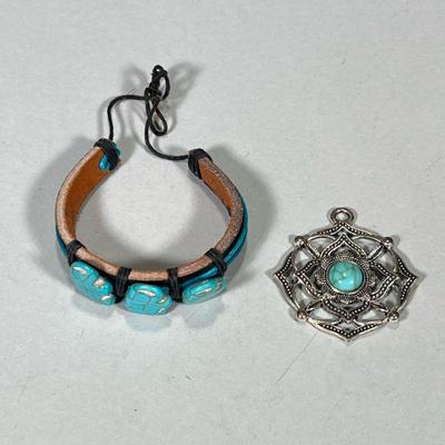 (2pc) TURQUOISE JEWELRY | Including: Leather bracelet with 3 carved turquoise elephants and mixed metal pendant with circular carved...