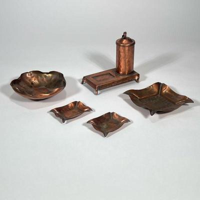 (5pc) GREGORIAN COPPER PIECES | Includes: hammered copper bowl, hammered copper ashtray, and set of hammered copper cigarette holder with...