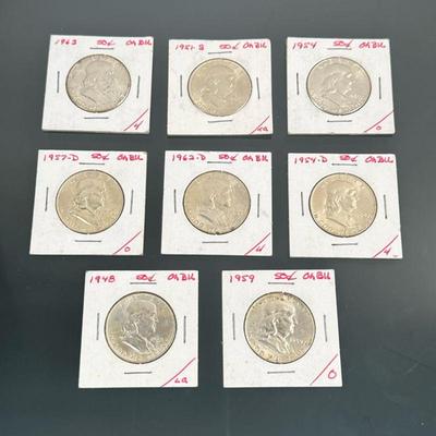(8pc) Franklin Half Dollar Coins | Benjamin Franklin half dollar coins, including 1948, 1951-S, 1954, 1954-D, 1957-D, 1959, 1962-D, and...