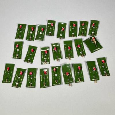 (24pc) CONTEMPRA ROSE PINS | Large lot of 23 Contempra enamel & mixed metal rose stick pins and one full rose pin. Dimensions: l. 1.5...