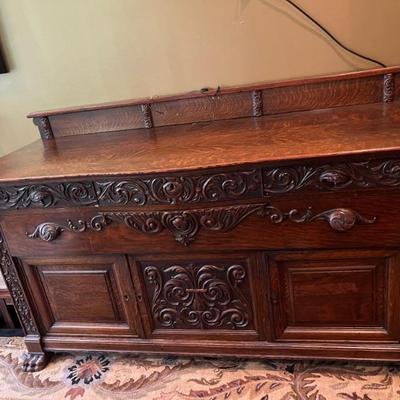 Large Vintage Hand Carved Buffet/Server approx 37" H at front x 68" W x 25" D.   BUY IT NOW $350