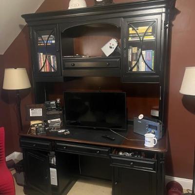 Havertys "Westbury" Cherrywood and Parcel-Ebonized Desk with Hutch; approx. 82" H x 65" W x 25" D;  BUY IT NOW $350