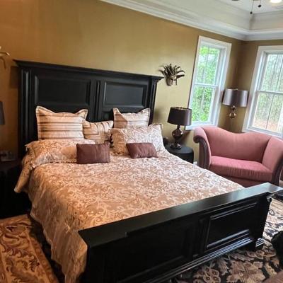 Modern King Bed frame, comforter, pillows, appox. 70" H x 87" W. BUY IT NOW $250