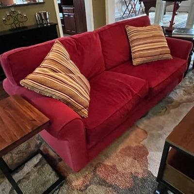 Haverty's Red Upholstered Sofa (could use a little cleaning up); approx. 30" H x 78"L x 38" D; BUY IT NOW $200